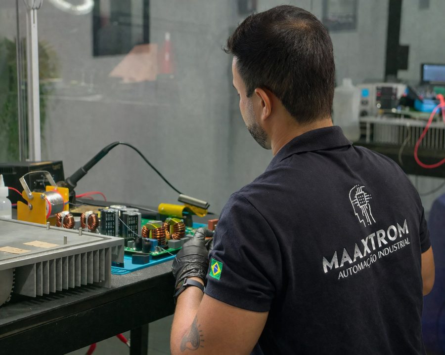 Bancada de reparo eletrônico no laboratório Maaxtrom