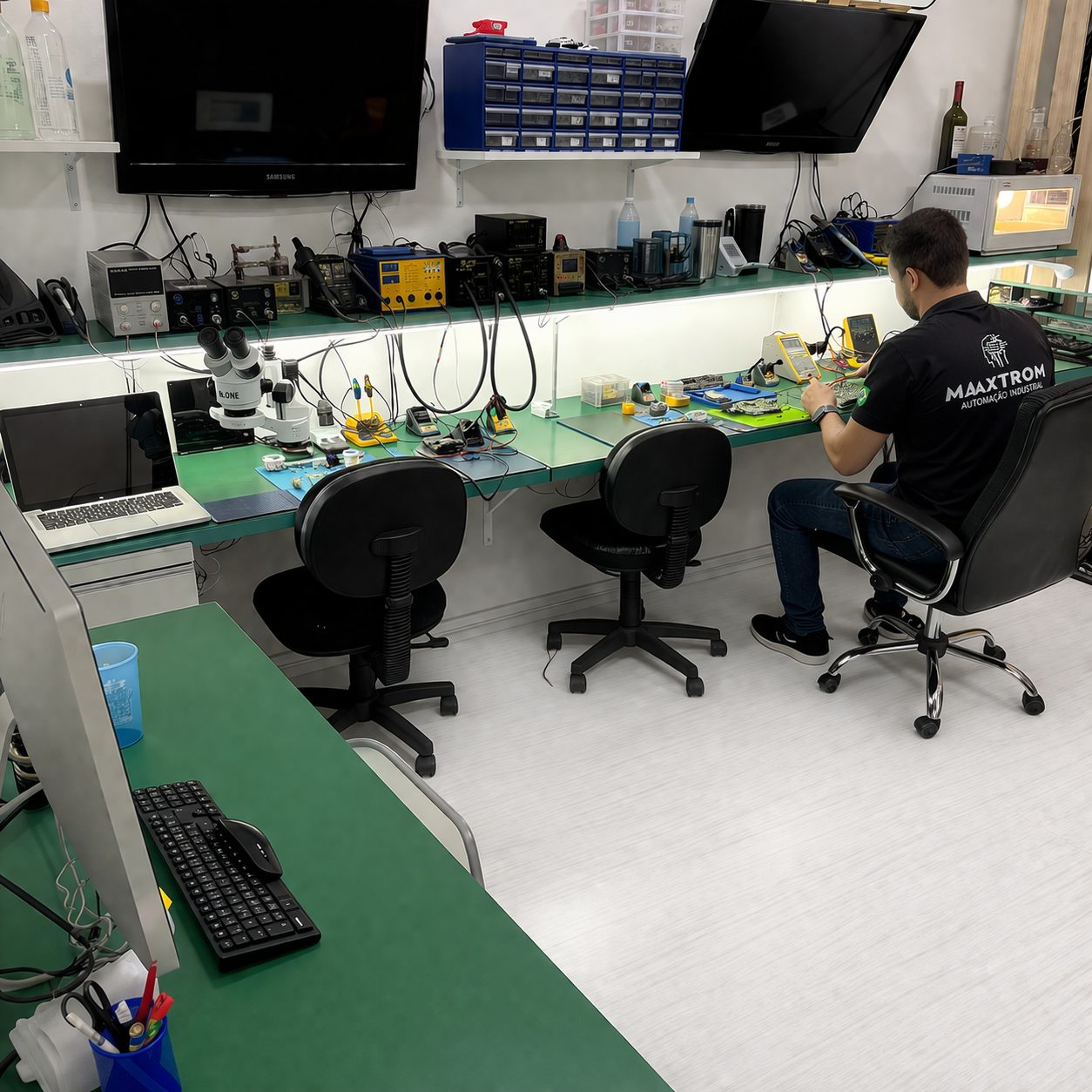 Técnico Maaxtrom com placa eletrônica no laboratório e instrumentos de teste